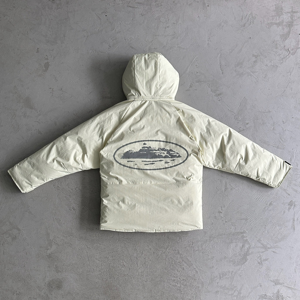 Chaqueta Pluma Corteiz Blanco Roto con Interior Crema – Abrigo Streetwear Premium CRTZ